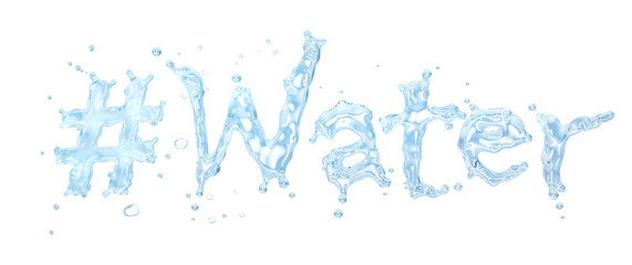 Water splash with water droplets in the form of word "Water" and fluid hashtag sign from water alphabet, isolated on white background. Liquid template fluid design element. 3D render