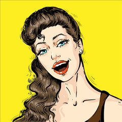 Portrait of a beautiful young woman with open mouth talking . Pop art comic retro vector illustration cartoon vintage kitsch style