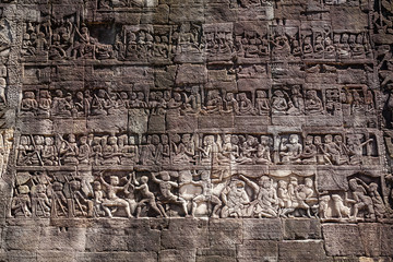 Bas reliefs at Bayon temple depicting the battles between Khmers and their traditional enemies the Chams, Angkor Thom, Siem Reap, Cambodia