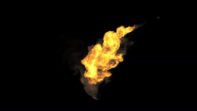 Animated realistic stream of fire like flamethrower shooting or fire-breathing dragon's flames. High quality footage with alpha channel in 4k resolution.