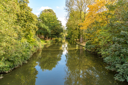 Beautiful view of canal and green nature near Bruges, Belgium
