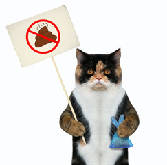The cat holds a sign " no dog poop " and a plastic bag with dog droppings. White background. Isolated.