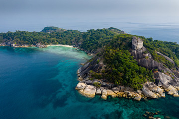 Aerial drone view of a beautiful tropical island in the Mergui Archipelago, Myanmar
