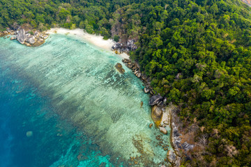 Aerial drone view of a beautiful tropical island in the Mergui Archipelago, Myanmar
