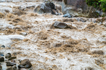 Muddy water flow rapidly in Urubamba River at Aguas Calientes