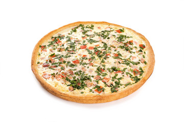 Smoked chicken pie, champignons fried with onions, tomatoes, cheese, milk, egg.