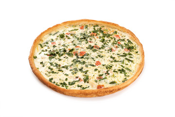 Pie with chicken fillet, green beans, broccoli, tomatoes, mayonnaise, cheese, milk, egg. 