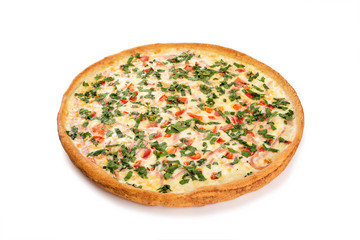 Pie with ham, tomatoes, Bulgarian pepper, cheese, milk, egg. 