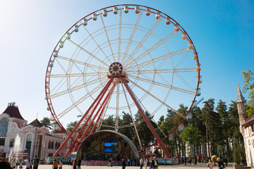 View of the Ferris wheel in the city park. 