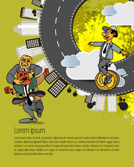 Naklejka na ściany i meble Businessman cartoon character with city background, vector