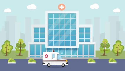 Fototapeta premium City hospital building with ambulance in flat design vector. Emergency, paramedics concept.