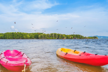 Beautiful scenery of the red hawks while flying to find food with kayaks floating in the sea at Bang Chan village (The No-Land Village) in Chanthaburi, Thailand