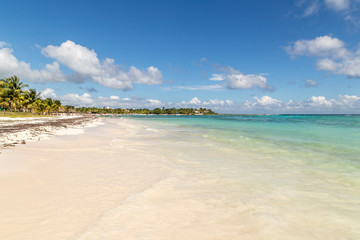 People relaxing at Akumal beach. Paradise bay beach in Quintana Roo in Mexico. Caribbean coast. Beach in Cancun on the Yucatan Peninsula