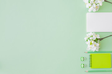 Flat lay blogger or freelancer workspace with a notebook and white spring flowers on a green background