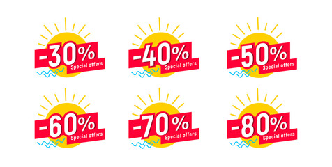 Set of labels for summer sale with sun and waves