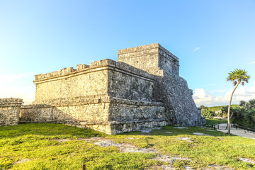 The ancient pre-Columbian ruins of a Mayan temple at Tulum near Cancun on the Yucatan Peninsula in Mexico