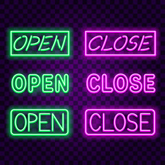 Open close neon signs on dark background vector