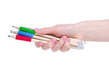 Pencil with a rubber in hand on a white background. Isolation