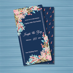 Navy wedding invitation with gorgeous flowers