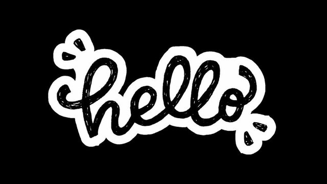 Moving typographic lettering Hello with exclamation mark. Animated hand drawn text with white outline on transparent background. Motion graphic of black inscription for web site, screen, welcoming pag
