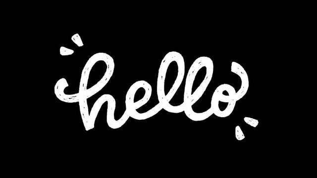 Animation with handwritten lettering inscription Hello. Moving hand drawn letters on transparent background. Motion graphic with cartoon style welcoming text alpha channel. 2d greeting script saying H