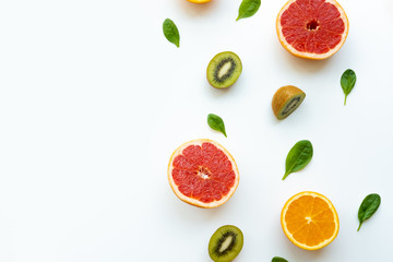 Different fruits on white background. Healthy and fresh concept. Copy space