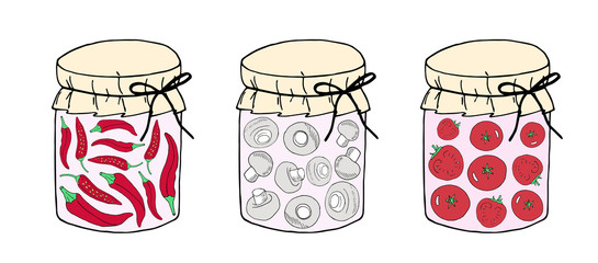 Set of colored hand drawn vector illustration. Set of pickle jars with vegetables. Set with tinned vegetables.