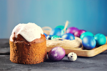 Easter background - festive cake and painted eggs