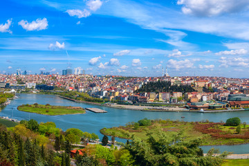 Fototapeta premium Panoramic view of Istanbul from Pierre Loti Hill (Tepesi). Beautiful day time cityscape with Golden Horn bay, buildings and blue sky with clouds, Turkey. Travel background for wallpaper or guide book