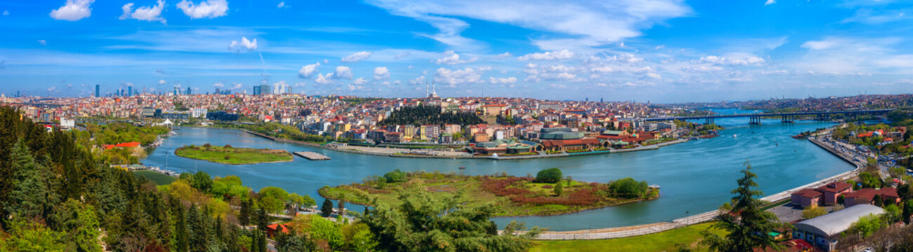 Panoramic view of Istanbul from Pierre Loti Hill (Tepesi). Beautiful day time cityscape with Golden Horn bay, buildings and blue sky with clouds, Turkey. Travel background for wallpaper or guide book