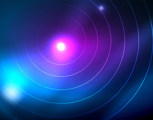 Blue neon circles, abstract circular lines. Glowing circle abstract pattern background