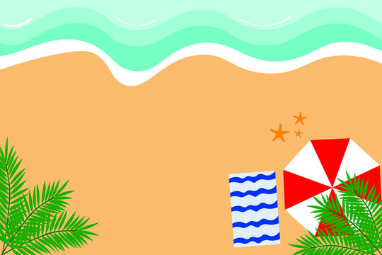 Summer beach vector with umbrella, beach, towel, and palm fronds - a perfect background for a beach party theme 