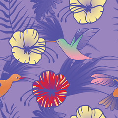 Fototapeta na wymiar Seamless pattern of Hummingbird flies and collects nectar from a red and white hibiscus flower