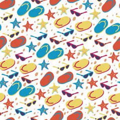 seamless background with flip flops, sunglasses and starfish