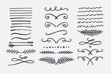 Hand drawn dividers set. Collection of vector borders, swirls, flourishes