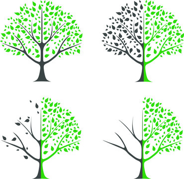 Environmental protection - set template of a tree for nature protection. Tree with leaves and falling leaves, divided in half into two parts. Half the tree is healthy, half is sick. Ecology.