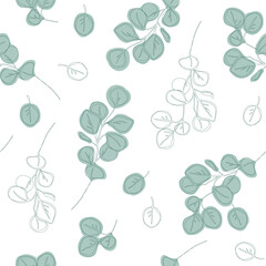 Tropical seamless pattern. Eucalyptus silver dollar tree foliage natural branches with green leaves. Vector decorative cute elegant greenery illustration isolated on white background