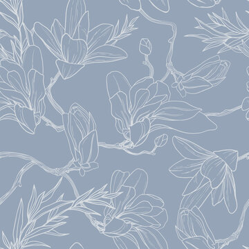Magnolia flower vector illustration. Seamless pattern with white flowers on a gray background.