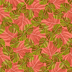 Seamless pattern of green and red-orange tropical leaves of Monstera, on a coral background.