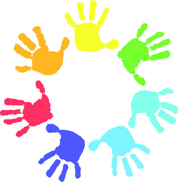 Seven hand print in rainbow colors. Round frame on a white background. Children's hands, circle, kid handprint, baby palms, watercolor.