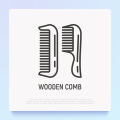 Wooden comb thin line icon. Modern vector illustration, element of logo for hairdresser, barber shop.