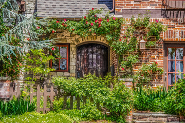 Close-up of entrance to beautiful rock house with arched rustic wooden door surrounded by roses - many old fashioned flowers and a picket fence