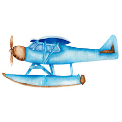 Watercolor  vintage blue plane. Cute retro hand drawn plane.