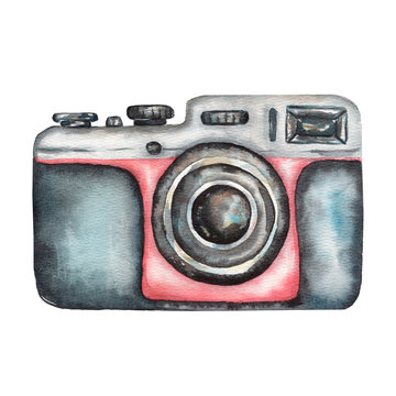 Watercolor vintage photo camera on white background. Retro film camera. Black and red color hand drawn camera.