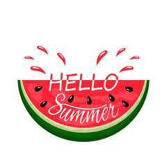 Juicy piece of watermelon bite with a spray of juice and hand written Hello summer. logo on a white background. flat isolated vector illustration for web