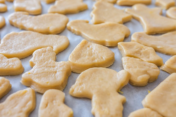 Raw cookies before baking. Close up view, selective focus. Confectionery cuisine.