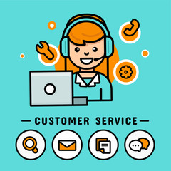 Operator women with headphones.  Call center vector, modern vector  design banner
