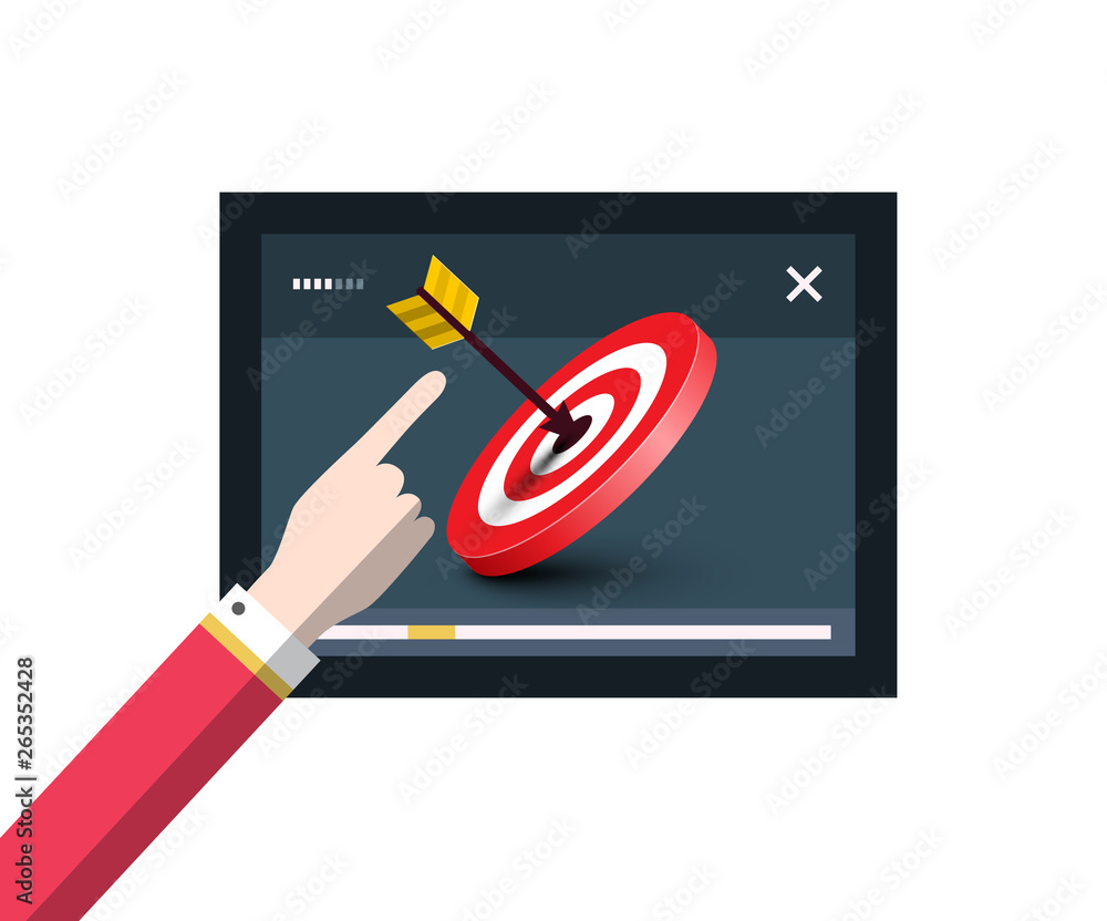 Poster touchscreen video device player with dart on target and human hand