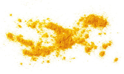 Turmeric powder pile isolated on white background and texture, top view