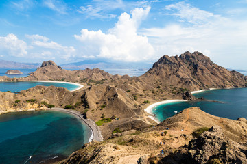 Panoramic view from the top of Padar Island in Komodo National park in autumn, a protected area which is a paradise for diving, Lubuan Bajo, Flores, Nusa Tenggara, Indonesia